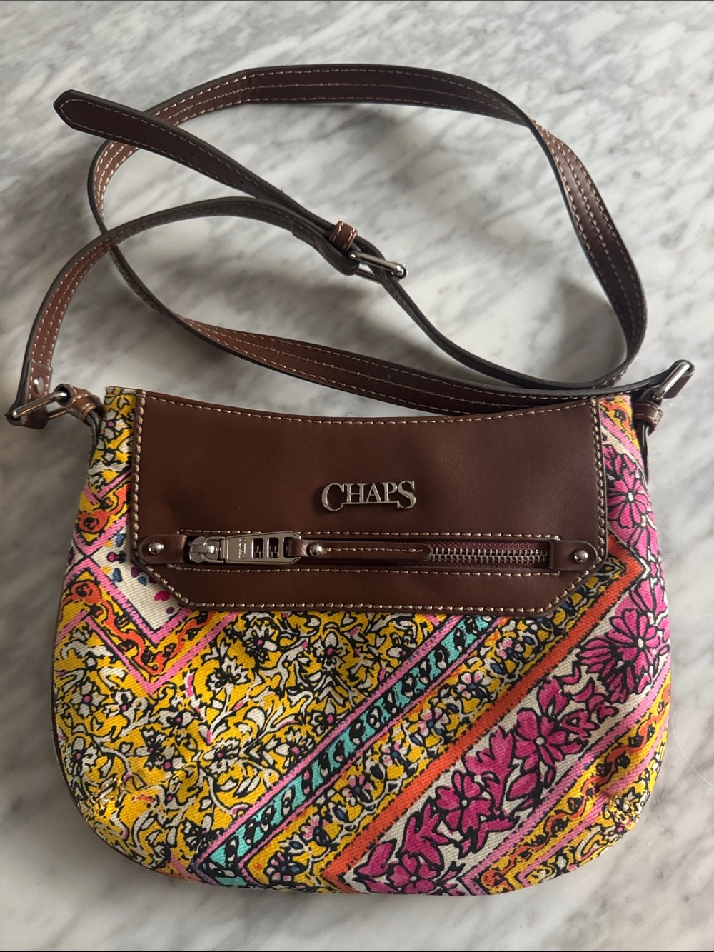 Chaps floral diagonal stripe fabric faux leather crossbody.